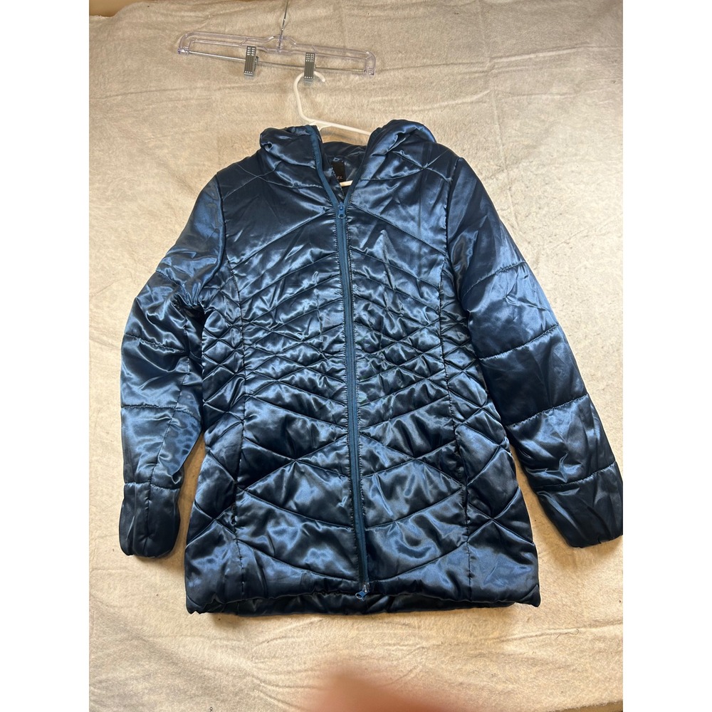 i5 Apparel Women's Quilted Puffer Hooded Jacket Dark‎ Blue Shiny Size L
